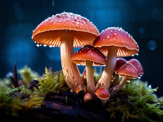 Mushrooms growing in moss in a rainy forest