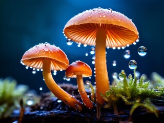 Mushrooms growing in moss in a rainy forest