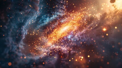 Fototapeta premium This abstract cosmic image portrays a swirling galaxy with interstellar dust and bright star clusters, evoking the vastness of space.