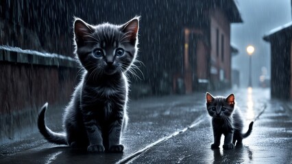 A kitten wanders in search of its mother, crying alone in the rain - obrazy, fototapety, plakaty