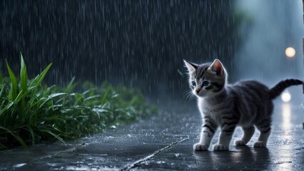 A kitten wanders in search of its mother, crying alone in the rain - obrazy, fototapety, plakaty