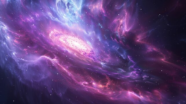 An illustration of the majestic Whirlpool Galaxy, swirling with purple and blue hues against the backdrop of deep space and countless stars.