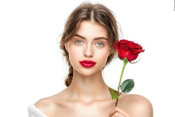 Beautiful young woman with red lips holding a red rose Isolated on white background