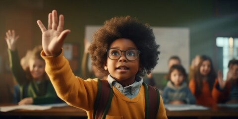 Young Black Boy in Yellow Sweater Raises Hands in Classroom Generative AI - obrazy, fototapety, plakaty