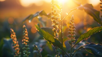 Warm sunset light filters through the dew-laden plants in a serene countryside setting, creating a peaceful golden hour scene. - obrazy, fototapety, plakaty