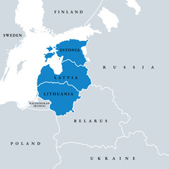 The Baltic States or the Baltic countries, political map. Geopolitical term encompassing Estonia, Latvia, and Lithuania, sometimes simply called the Baltics, all three members of the European Union. - 764177480
