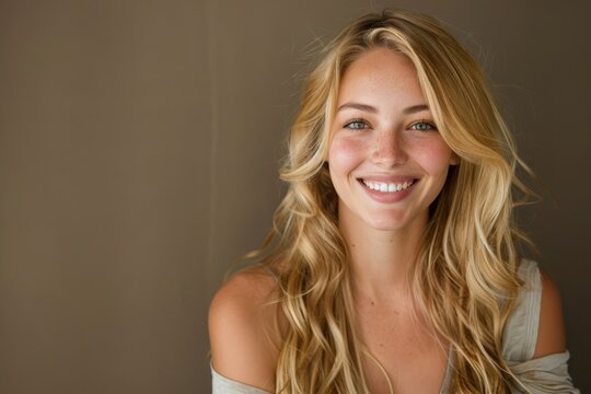 Beautiful smiling young blonde woman, isolated on neutral background