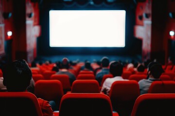Cinema blank screen and people in red chairs in the cinema hall. Blurred People silhouettes watching movie performance