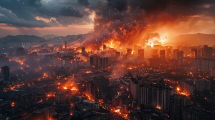 A dramatic cityscape shows a catastrophic explosion engulfing buildings in flames against a dusky sky, depicting an apocalyptic scenario.