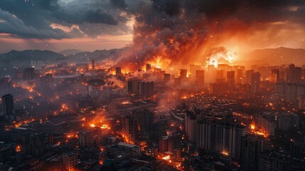 Obraz premium A dramatic cityscape shows a catastrophic explosion engulfing buildings in flames against a dusky sky, depicting an apocalyptic scenario.