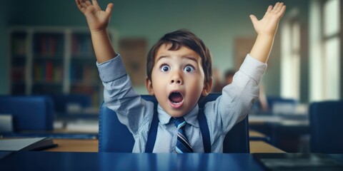Young Boy Raising Hands in Classroom Generative AI
