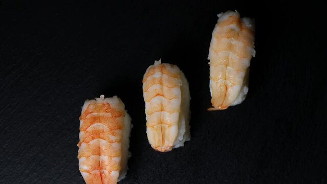 sushi nigiri with boiled shrimp. Healthy food with rice and seafood