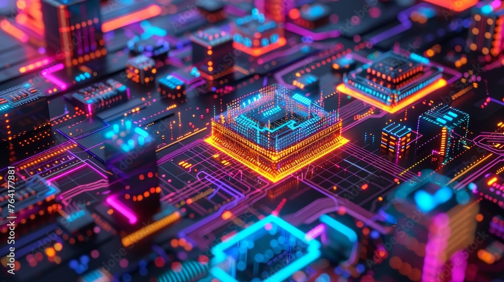 Poster a vibrant and colorful close-up of a circuit board that resembles a futuristic cityscape, representi