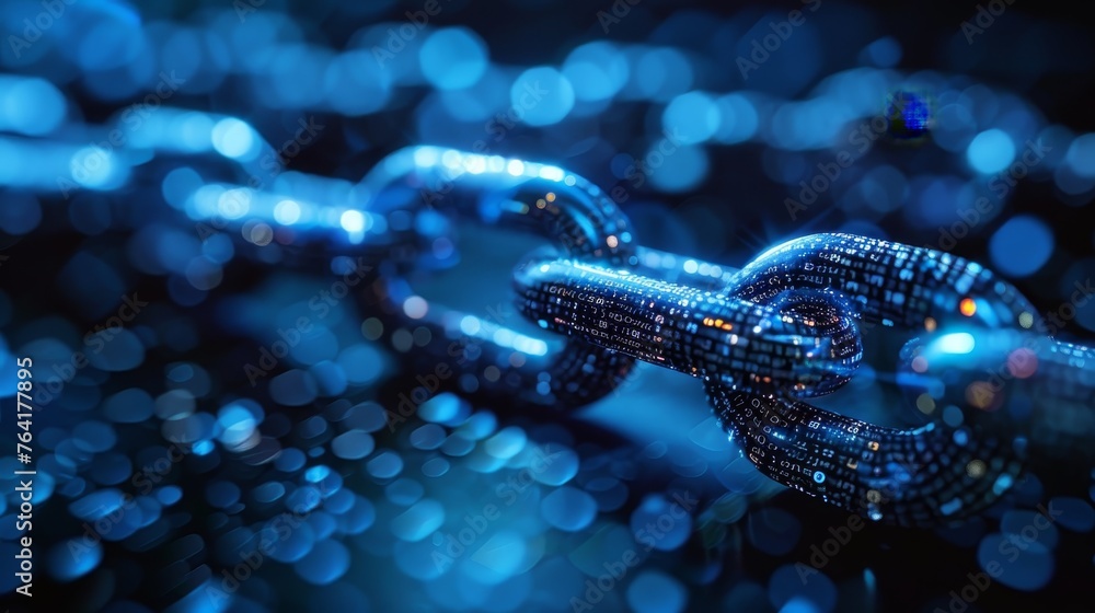 Poster a conceptual image of blockchain technology, with a digital chain glowing in blue hues, symbolizing 
