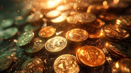 A dazzling close-up of Bitcoin cryptocurrency coins with a warm golden glow, representing digital wealth and futuristic finance.