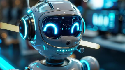 Close-up of a futuristic robot head with a glowing blue visor and headphones, highlighting advanced artificial intelligence and modern technology design. - obrazy, fototapety, plakaty