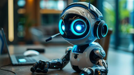A charming robot with expressive blue glowing eyes and a headset sits on a desk, showcasing interactive artificial intelligence technology in a human environment.