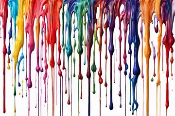 Colorful acrylic paint line wise dripping with liquid drops on White Background.