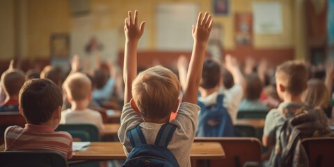 Group of Caucasian Children Raising Hands in Classroom Generative AI