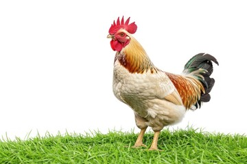 Fototapeta premium Farm animal Chicken stands on green grass on a white background