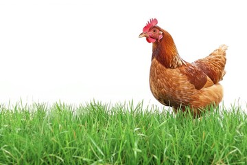Fototapeta premium Farm animal Chicken stands on green grass on a white background