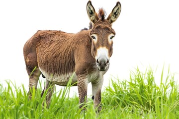 Farm animal Donkey stands on green grass on a white background