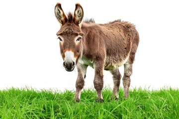 Farm animal Donkey stands on green grass on a white background