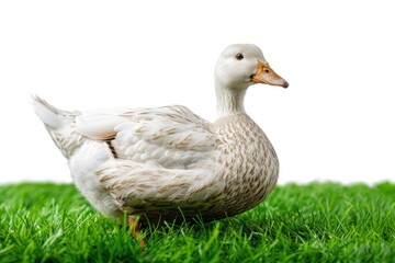 Farm animal Duck stands on green grass on a white background