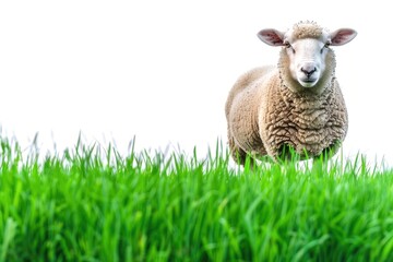 Naklejka na ściany i meble Farm Sheep animal stands on green grass Isolated on white background