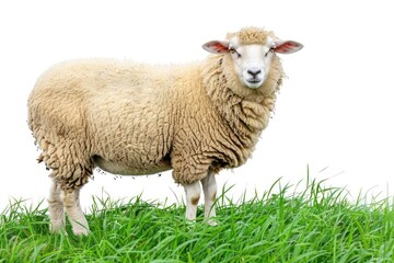 Naklejka premium Farm Sheep animal stands on green grass Isolated on white background