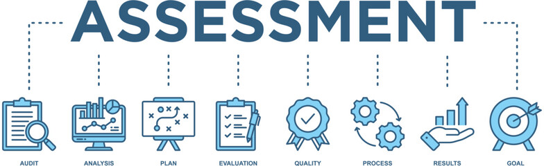 Assessment banner web icon vector illustration for accreditation and evaluation method on business and education