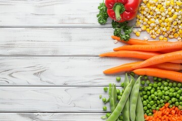 Frozen vegetables on wooden background Corn peas pepper carrots Space for text - obrazy, fototapety, plakaty
