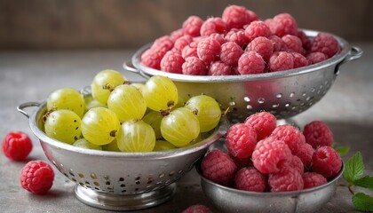 Fresh gooseberries and raspberries in colanders, summer berries