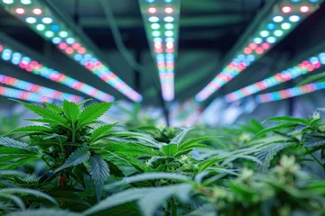 Fotobehang growing cannabis buds in led light beams © Igor