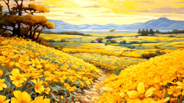 Animation Spring landscape in a field of yellow flowers with butterflies dancing at sunrise  Seamless looping 4k time-lapse animation video background