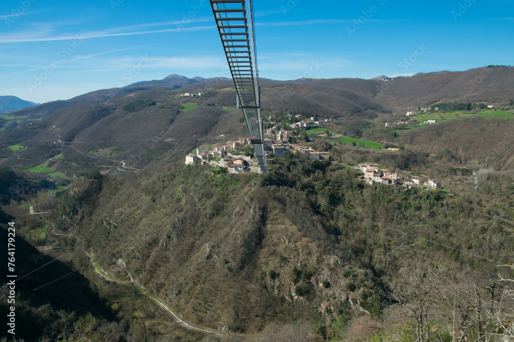 Wall mural panoramic view of sellano's tibetan bridge, adrenaline and excitement in the heart of umbria region,