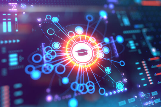 E-learning icon on a digital display with reflection. Concept of internet lessons, webinar, online lessons, education at home, lessons, video tutorial and learn on internet.