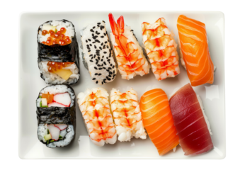 sushi set on plate top view isolated on transparent background