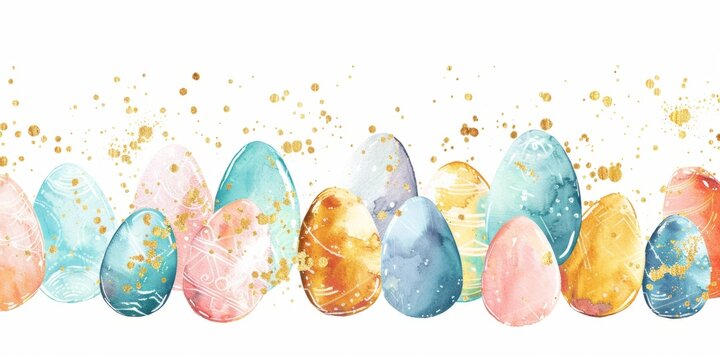 watercolor easter eggs in pastel colors with gold foil accents on a white background with a border design for an Easter card template Generative AI