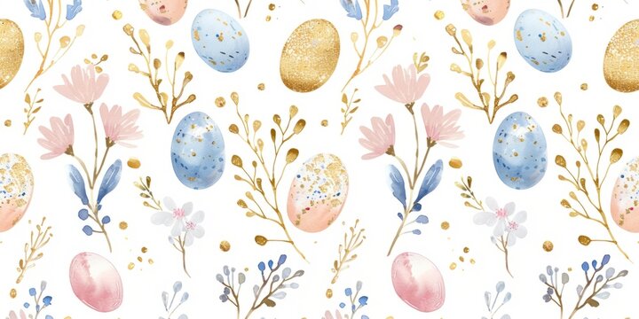 watercolor easter eggs and gold glitter wild flowers on a white background soft pastel colors in a minimalist style Generative AI