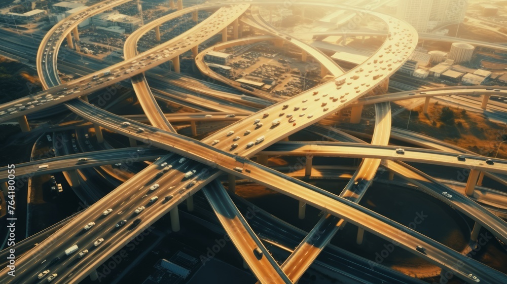 Wall mural Generative AI High-altitude shots displaying a highway interchange during rush hour, highlighting the movement of vehicles. - Wall murals