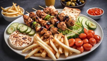 Grilled chicken kebabs platter with fries, fresh vegetables, olives and flatbread