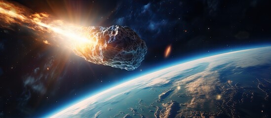 An asteroid is visible in the sky above Earth - obrazy, fototapety, plakaty