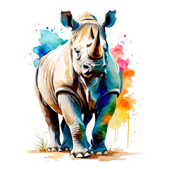 Rhino watercolor painting, watercolor splash, wild animal, exploration, vector art, clipart, tourism animals, zoo, cutout on white background, for presentation, journal, craft projects