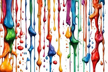 Colorful acrylic paint line wise dripping with liquid drops on White Background.