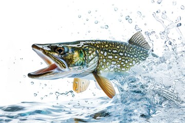 Fototapeta premium Pike fish jumping out of water isolated on white background