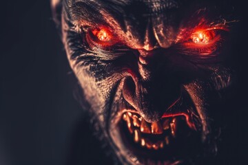portrait of an angry demonic devil with red glowing eyes and open mouth on black background - obrazy, fototapety, plakaty