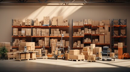 Generative AI Hyper-realistic visualization presenting a warehouse setting with cardboard box mockups and PNG cutouts of isolated objects. Detailed shadows on transparent backgrounds, varied box shape