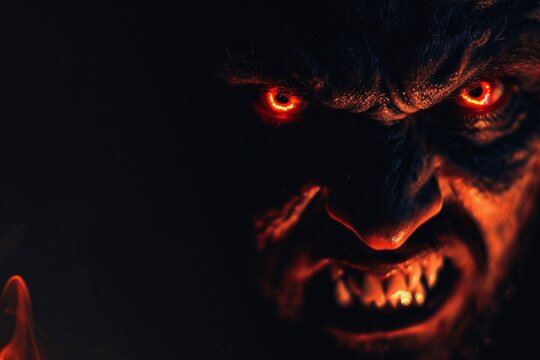 portrait of an angry demonic devil with red glowing eyes and open mouth on black background