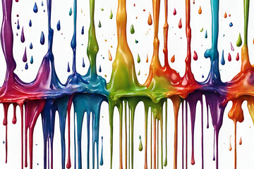 Colorful acrylic paint line wise dripping with liquid drops on White Background.